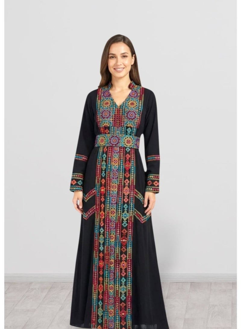 3DM Black Palestinian Dress with Multicolored Embroidery - Image 1